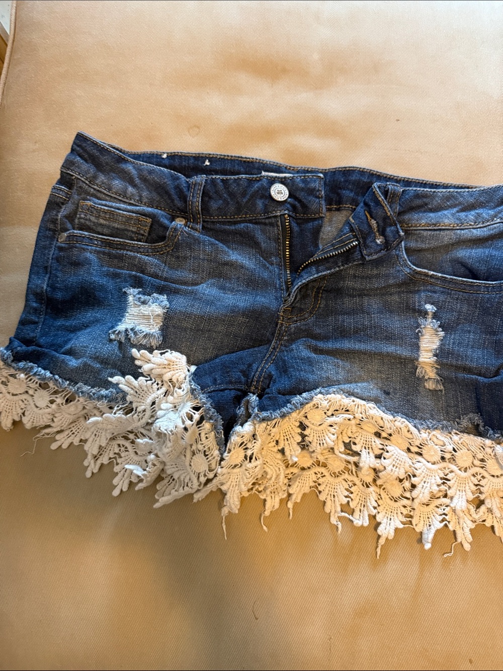 Altar'd State Dark Blue Denim Shorts with White Crochet Trim